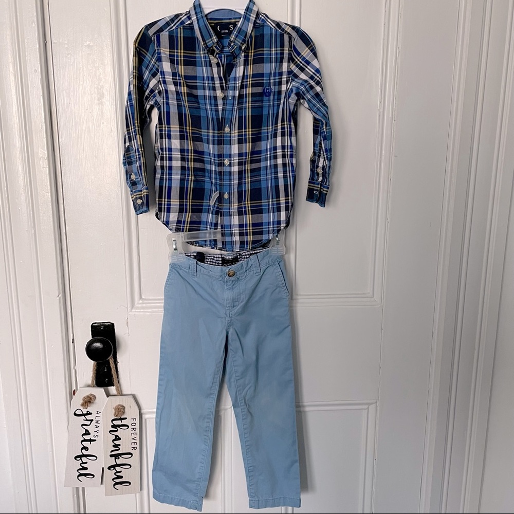 Tommy Hilfiger blue pants Chaps button up shirt size 4T with small flaw